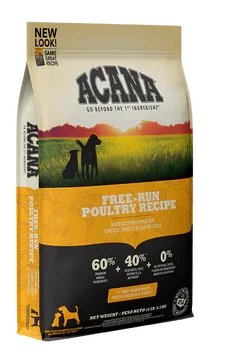 Acana Free-Run Poultry Recipe dog food bag with 60% poultry, 40% vegetables, and 0% grains