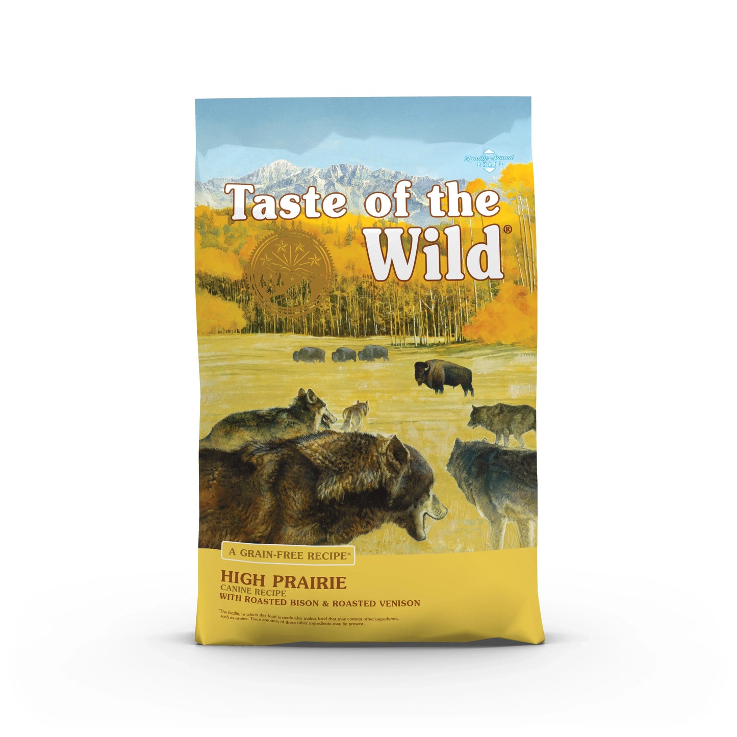 Taste of the Wild High Prairie grain-free dog food with roasted bison and venison, featuring wolves and bison in a scenic field.