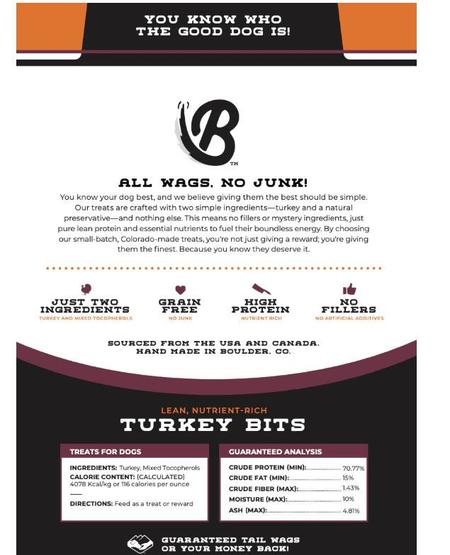 Boulder Dog Food Company Turkey Bits, Premium Protein, Two Ingredients, 16oz bag - RJ Paddywacks