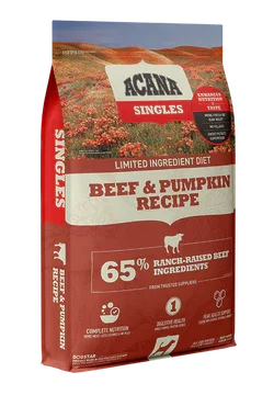 Beef & Pumpkin Recipe dog food bag, 65% ranch-raised beef, limited ingredient diet