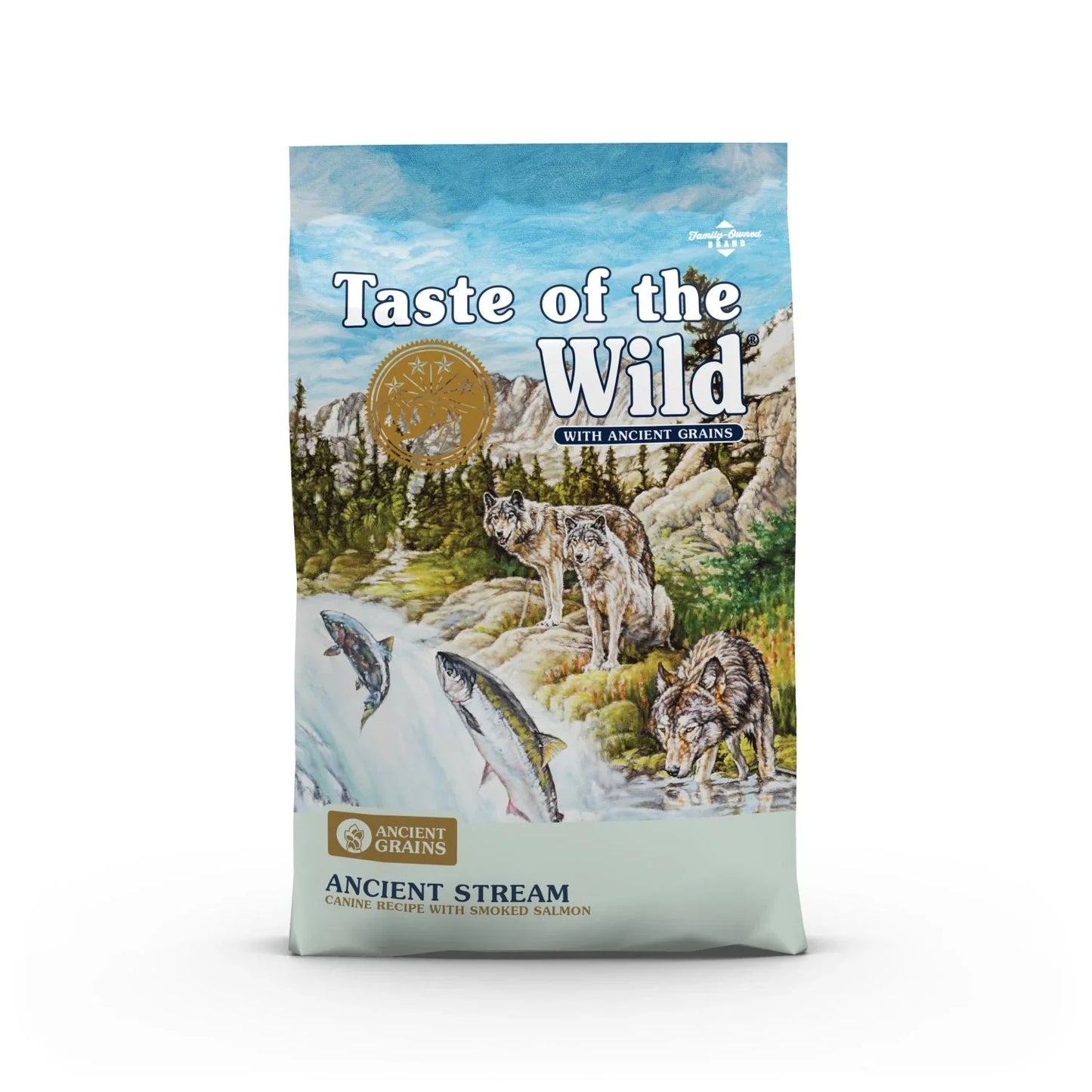 Taste of the Wild Ancient Stream canine recipe with smoked salmon, featuring wolves and salmon in a wild stream setting