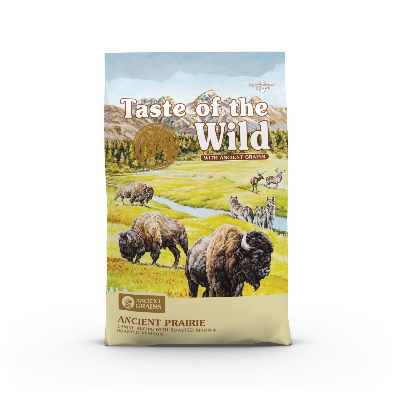 Taste of the Wild Ancient Prairie dog food with roasted bison and venison, featuring bison and wolves in a scenic prairie.