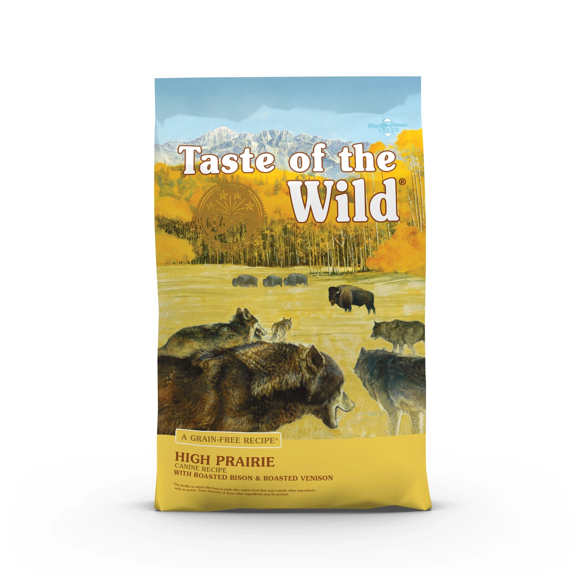 Taste of the Wild High Prairie grain-free dog food with roasted bison and venison, featuring wolves and bison in a scenic field.