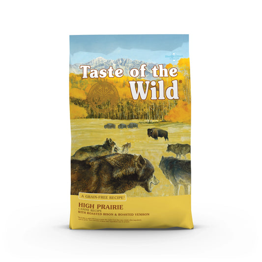 Taste of the Wild High Prairie grain-free dog food with roasted bison and venison, featuring wolves and bison in a scenic field.